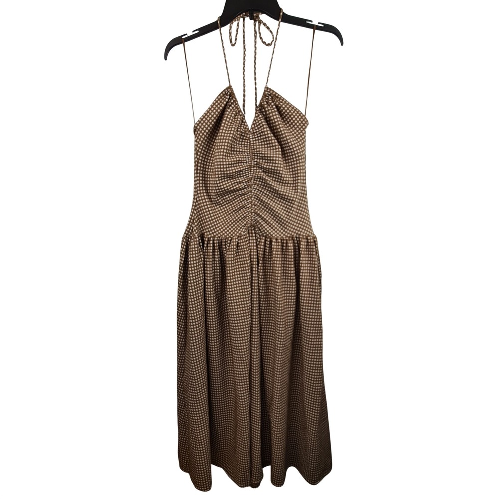 Mango MNG Vini Brown Gingham Halter Midi Dress Ruched Drop Waist NWT Size S 4
